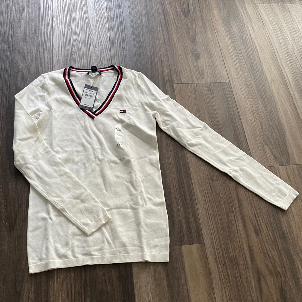 Tommy Hilfiger Cream V-Neck Sweater with Red and Black Trim